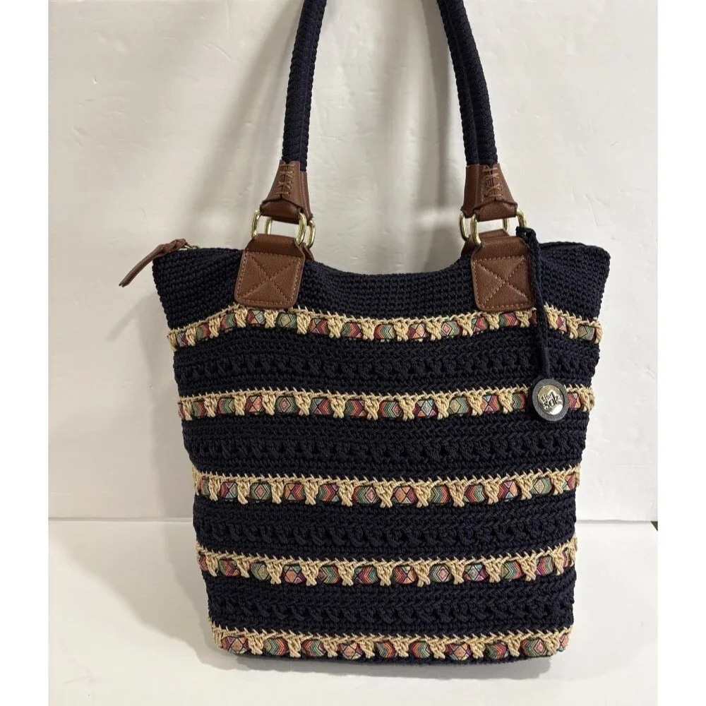 New The Sak Cambria Large Tote Crochet Bag Purse Navy Blue